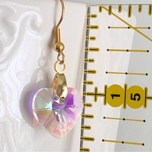 New Crystal AB Dangling Drop Heart Earrings 18K Gold Plated Hooks Handmade Gift - Picture 3 of 5